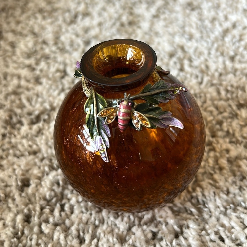 Late 20th Century Jay Strongwater Amber Glass Bud Vase With Enamel Bee